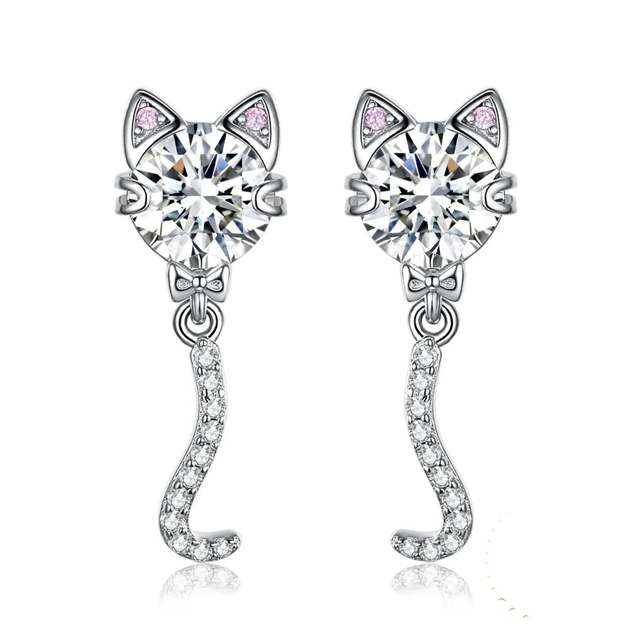 Elegant Love Cat Wagging Tail 4Ct Round Gemstone Stud Earrings in 925 Sterling Silver - Perfect Gift for Women and Girls