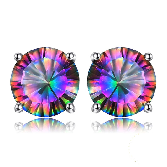 Exquisite Round Genuine Rainbow Mystic Quartz Stud Earrings in 925 Sterling Silver for Women - A Stunning Fashion Statement in Fine Jewelry
