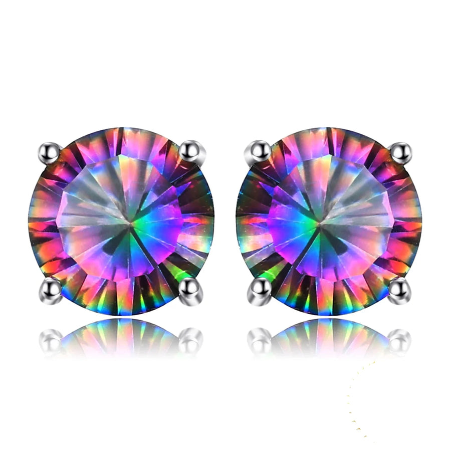 Exquisite Round Genuine Rainbow Mystic Quartz Stud Earrings in 925 Sterling Silver for Women - A Stunning Fashion Statement in Fine Jewelry
