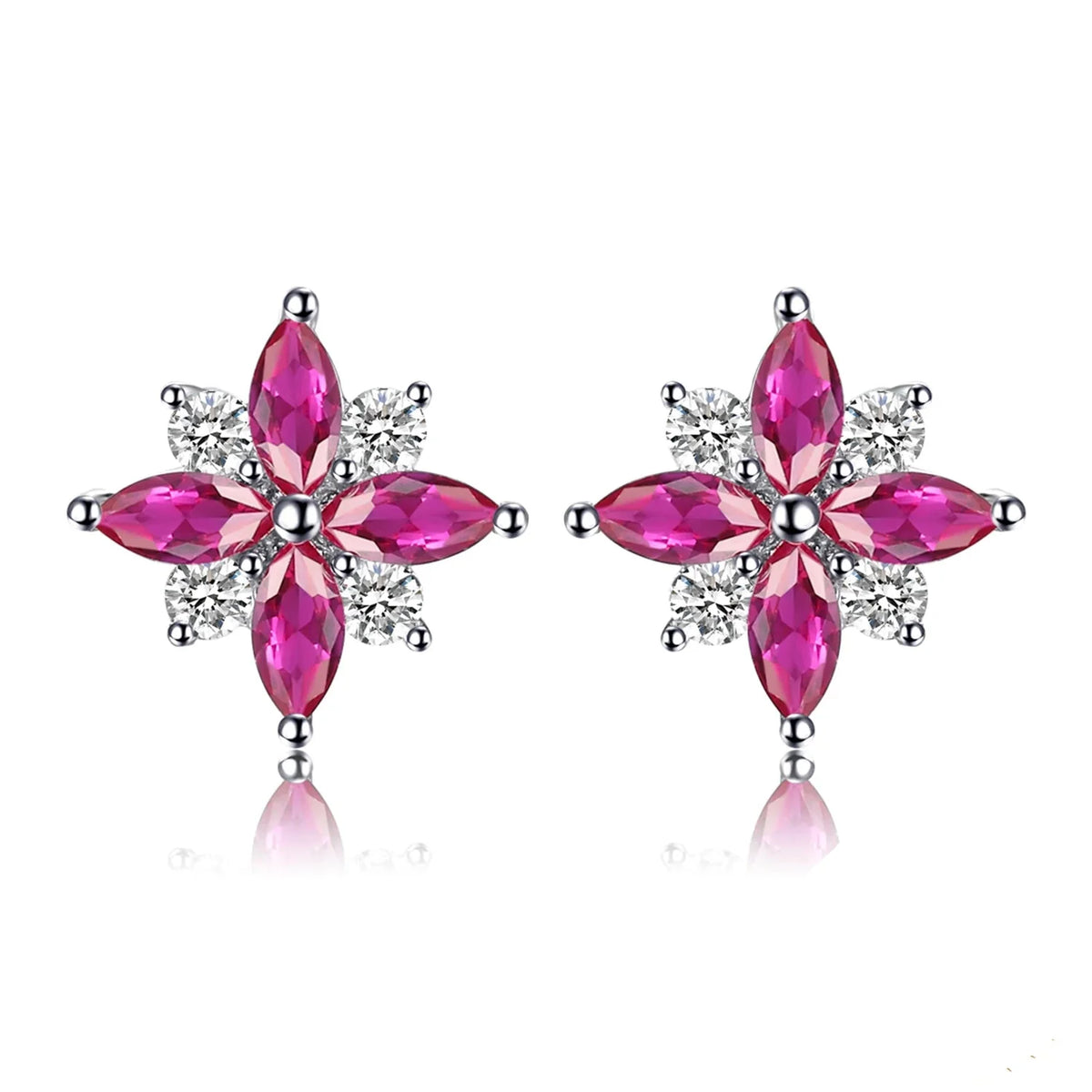 Stunning Ruby Flower Cross 925 Sterling Silver Stud Earrings - Exquisite Gemstone Jewelry for Women, Perfect Birthday Gift