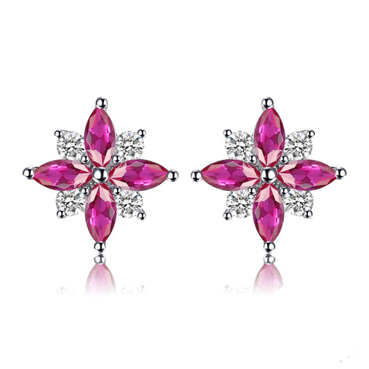 Stunning Ruby Flower Cross 925 Sterling Silver Stud Earrings - Exquisite Gemstone Jewelry for Women, Perfect Birthday Gift