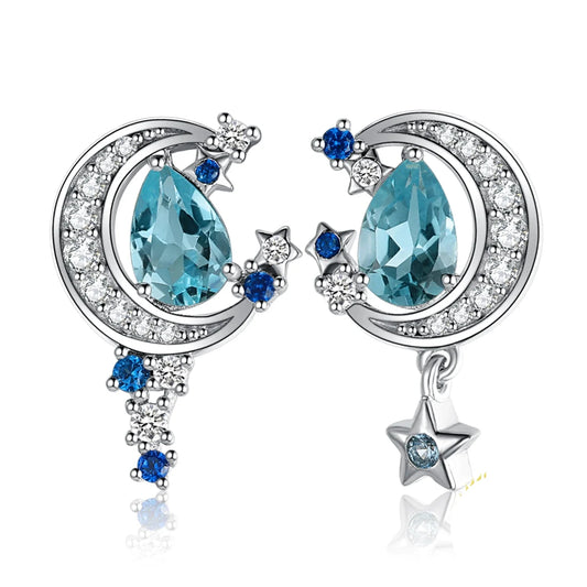Elegant Moon Star 2.7Ct Genuine Sky Blue Topaz Stud Earrings in 925 Sterling Silver for Women
