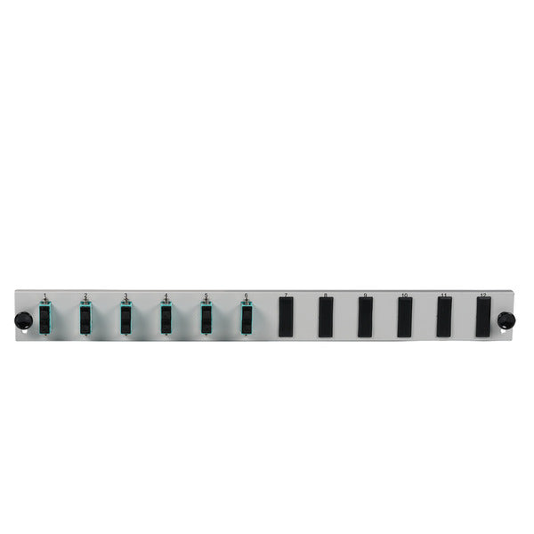 Bestückte 12 Port Frontblende mit 6 x SC, Duplex Kupplung OM3 vertikal, schwarz