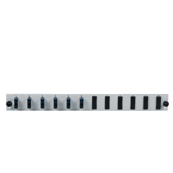 Bestückte 12 Port Frontblende mit 6 x SC, Duplex Kupplung OS2 vertikal, schwarz
