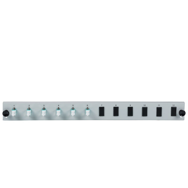 Bestückte 12 Port Frontblende mit 6 x LC, Duplex Kupplung OM3 vertikal, schwarz