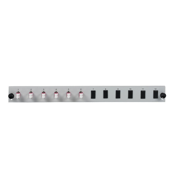 Bestückte 12 Port Frontblende mit 6 x LC, Duplex Kupplung OM4 vertikal, schwarz