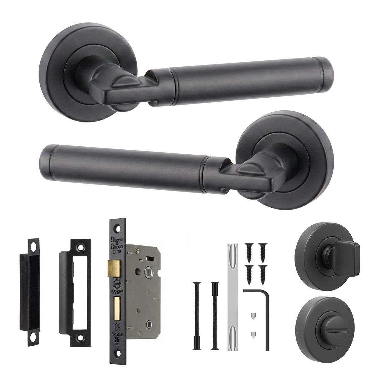 Enigma Matt Black Bathroom Door Lever Handles - Bathroom Kit 64mm