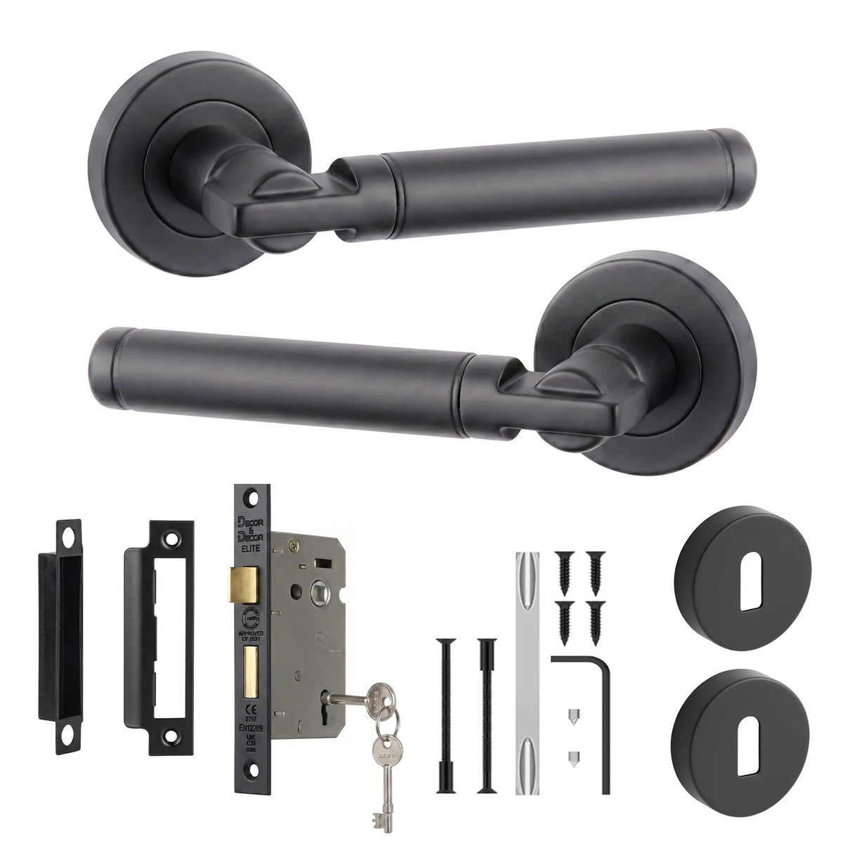 Enigma Matt Black Privacy Door Lever Handles - Sash Lock Kit 64mm