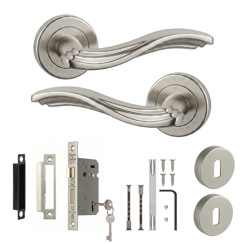 Solace Satin Nickel Privacy Door Lever Handles - Sash Lock Kit 64mm