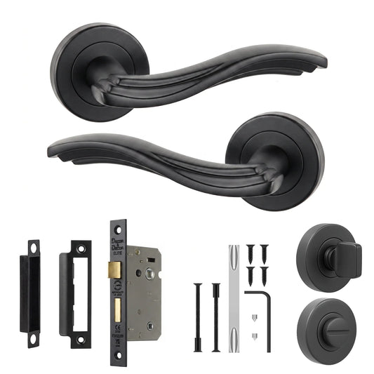 Solace Matt Black Bathroom Door Lever Handles - Bathroom Kit 64mm