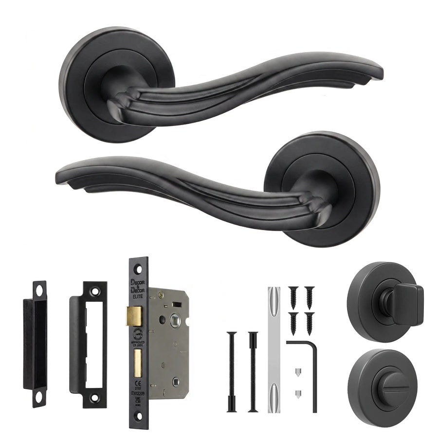 Solace Matt Black Bathroom Door Lever Handles - Bathroom Kit 64mm