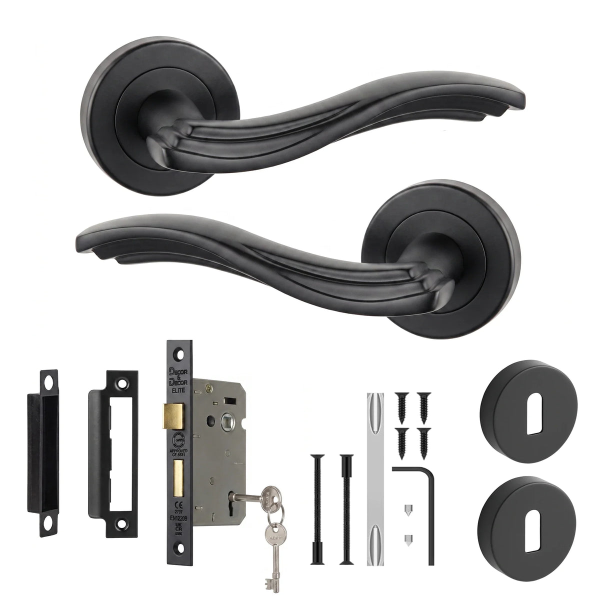 Solace Matt Black Privacy Door Lever Handles - Sash Lock Kit 64mm