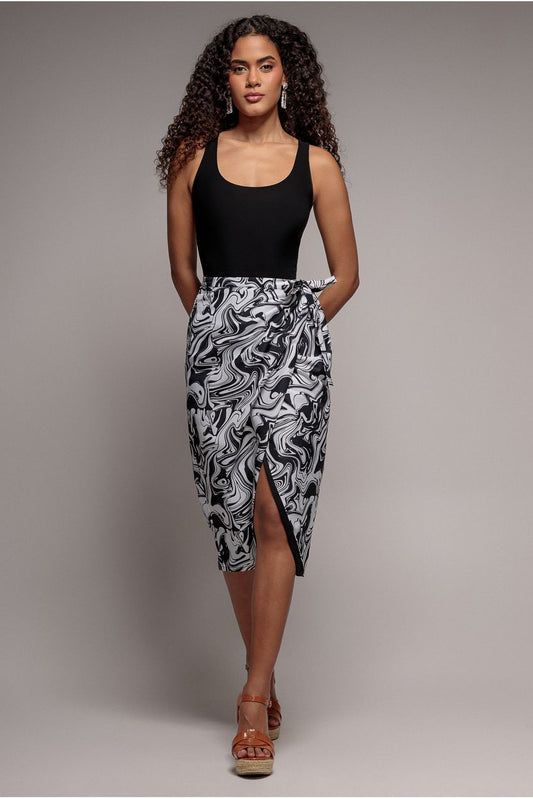 City Goddess Printed High Waist Wrap Midi Skirt - Black