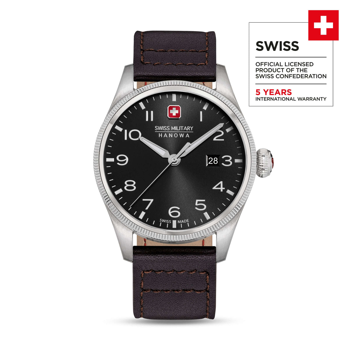THUNDERBOLT Herren Armbanduhr Leder Schwarz 42mm - Swiss Made
