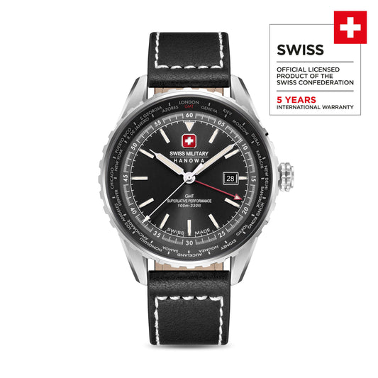 AFTERBURN GMT Leather/Stainless Steel Black 42mm GMT Armbanduhr Herren  Swiss Made