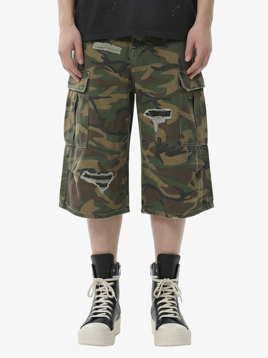 Retro Ripped Camouflage Cropped Shorts- 2387 - Classic Camouflage / S