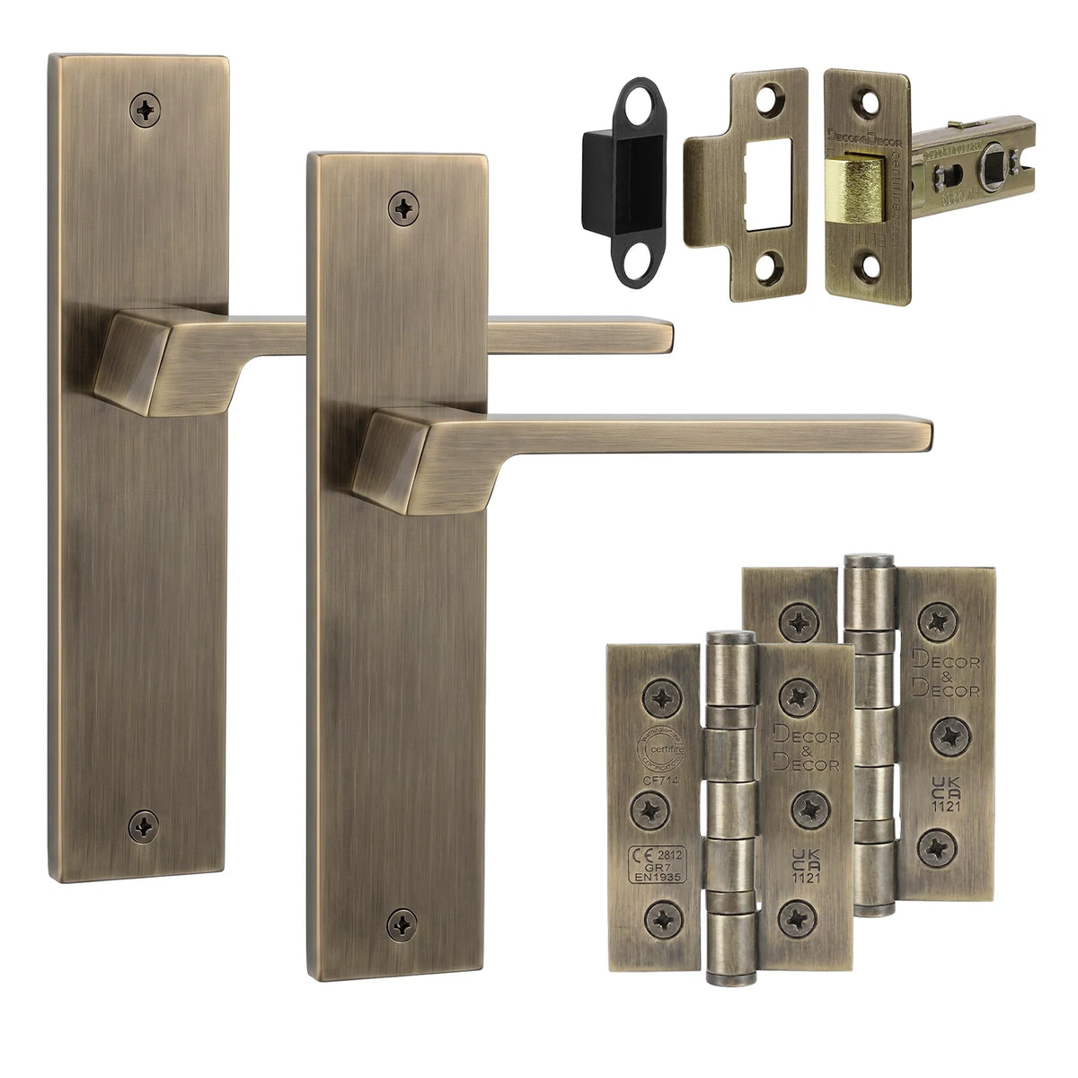 Spectra Antique Brass Passage Door Lever Handles on Backplate - Hinge Kit 76mm