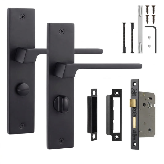 Spectra Matt Black Bathroom Door Lever Handles on Backplate - Bathroom Kit 64mm