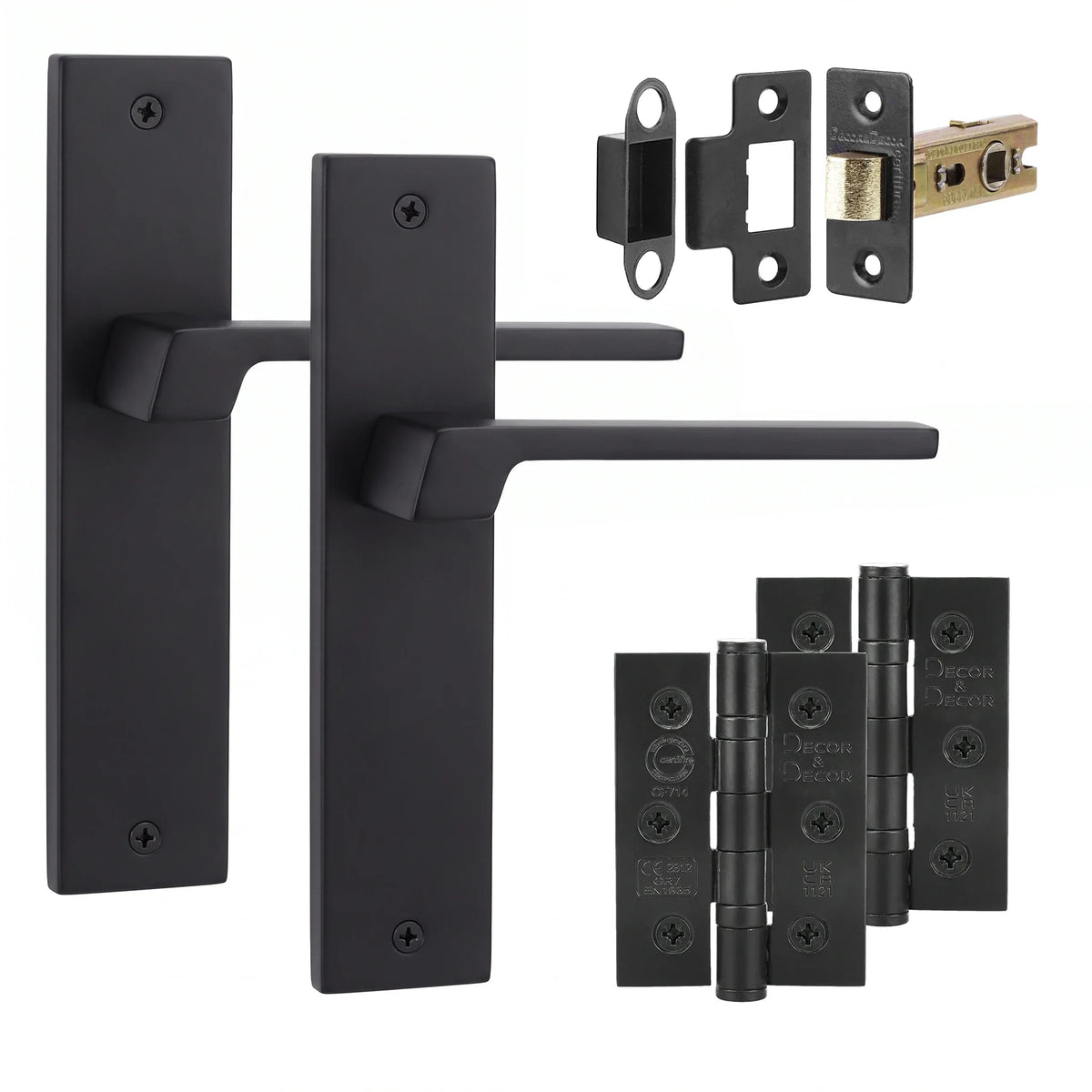 Spectra Matt Black Passage Door Lever Handles on Backplate - Hinge Kit 76mm