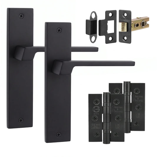 Spectra Matt Black Passage Door Lever Handles on Backplate - Hinge Kit 76mm