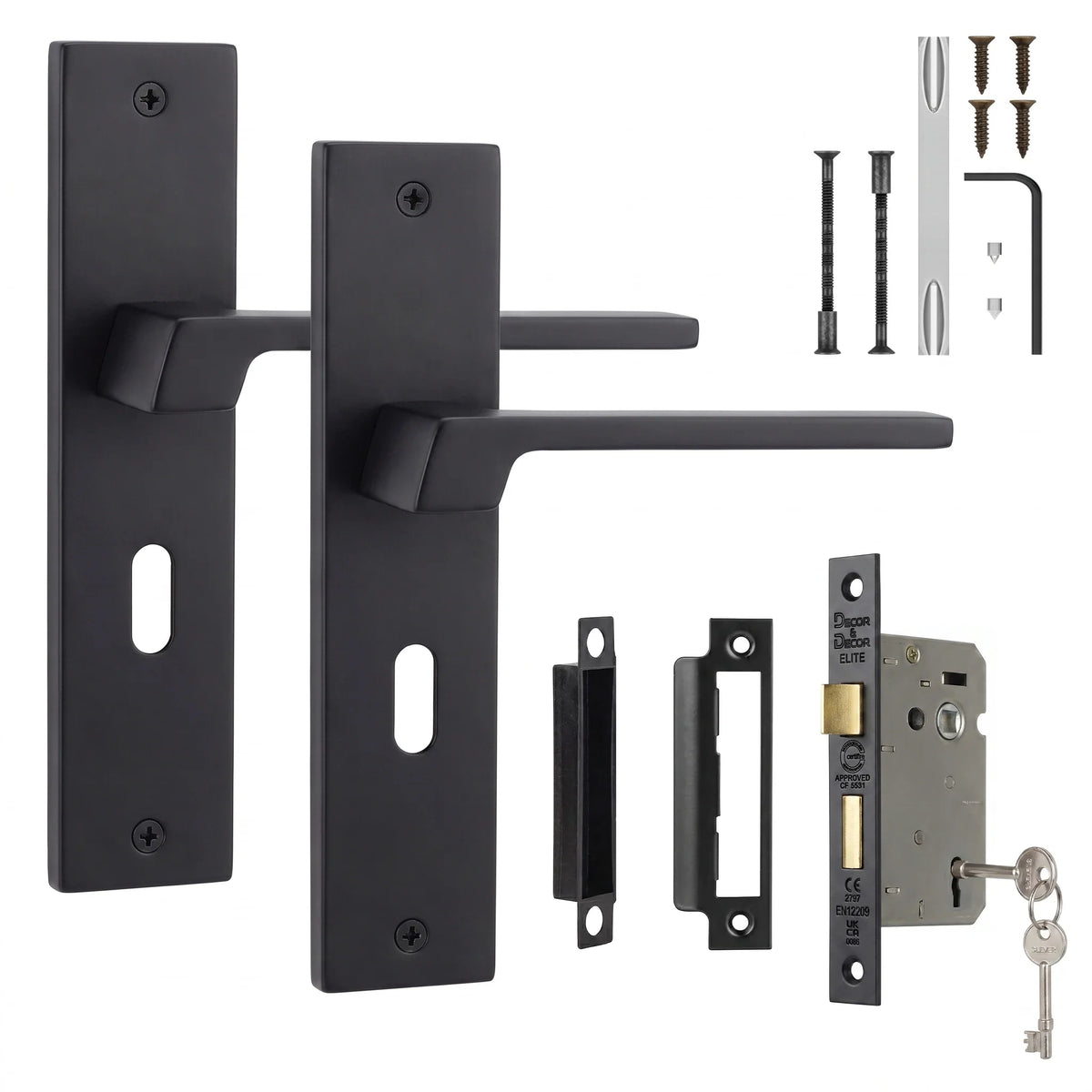 Spectra Matt Black Privacy Door Lever Handles on Backplate - Sash Lock Kit 64mm