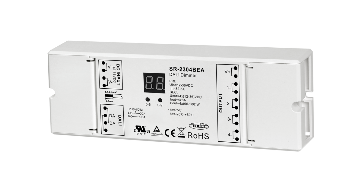 SR-2304BEA DALI-2 LED Controller, 4-Kanal, 12-36V DC, 4×8A, DT6, Push DIM, RGBW / CCT / einfarbig