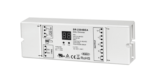 SR-2304BEA DALI-2 LED Controller, 4-Kanal, 12-36V DC, 4×8A, DT6, Push DIM, RGBW / CCT / einfarbig