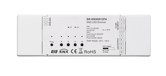 SR-KNX-9512FA KNX RGBW LED Dimmer 4-Kanal Konstantspannung 12-36V DC, 5A je Kanal, Aufbau ETS5