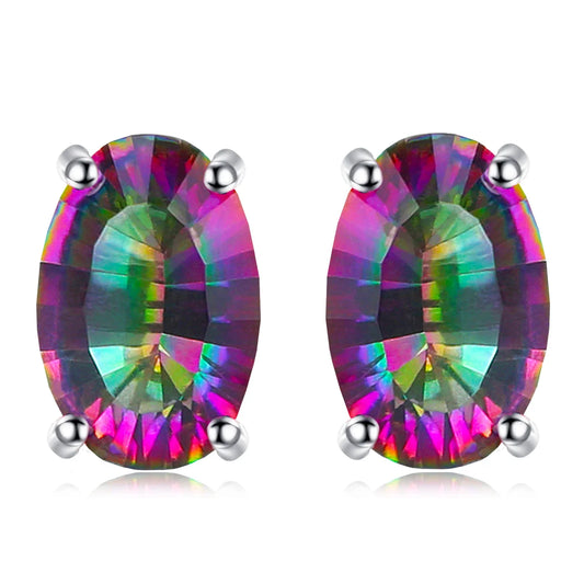 Exquisite 100% Natural Rainbow Quartz Stud Earrings in 925 Sterling Silver - Perfect Birthday Gift for Women - Multi