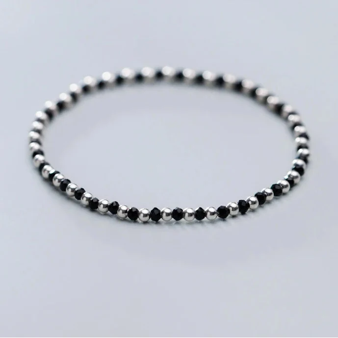 Elegant Black Crystal Ball Strand Bracelet in 925 Sterling Silver - A Sophisticated Gift for Women