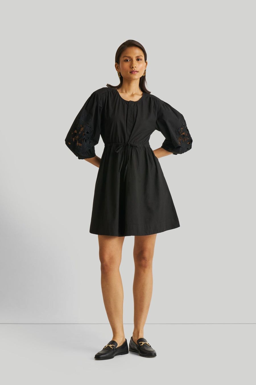 Shirt Dress with Balloon Sleeves in Black | Color: Black | Size: XS
