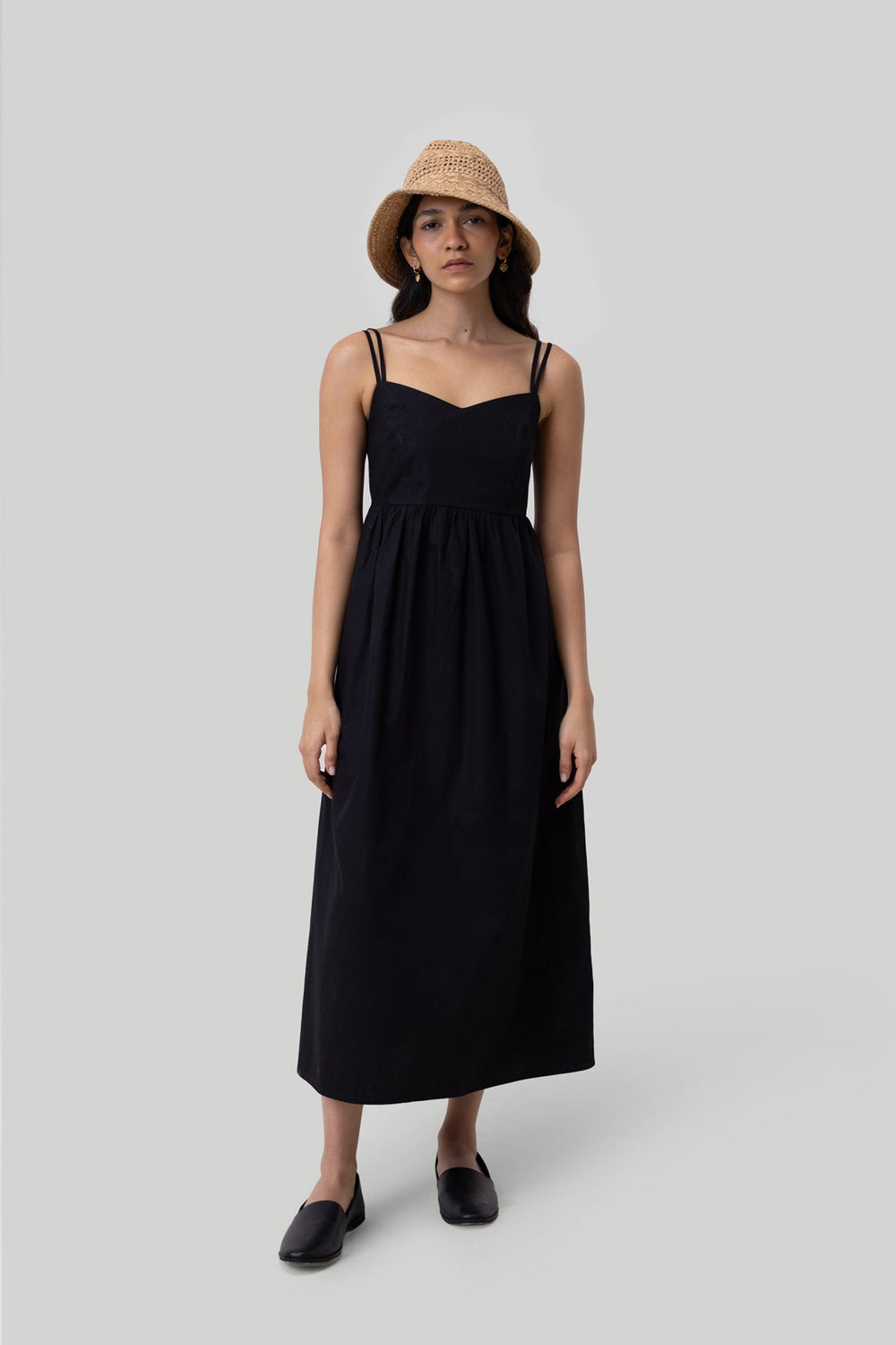 Strappy Gathered Midi Dress in Black | Color: Black | Size: XS