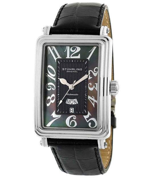 Stührling Uptown Chic 102AA Automatic 34mm Classic - Black Dial / Silver Case / Black Leather Strap Deployant Buckle
