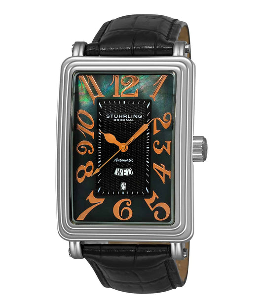 Stührling Uptown Esquire 102AXL Automatic 37mm Classic - Black Dial / Silver Case / Black Leather Strap Deployant Buckle