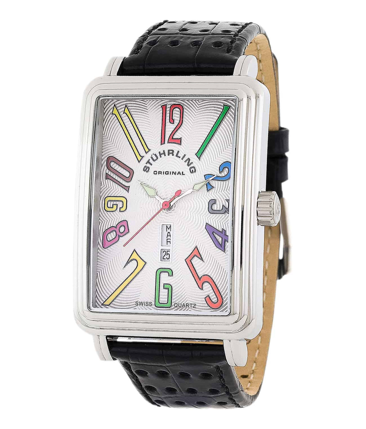 Stührling Uptown Ozzie XL 1102L Quartz 35mm Classic - Silver Dial / Silver Case / Black Leather Strap Tang Buckle