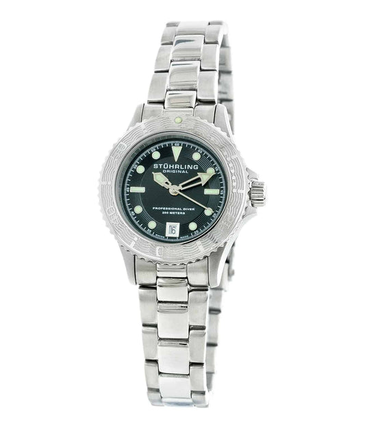 Stührling Little Lady 1162 Quartz 29mm Diver - Black Dial / Silver Case / Silver Stainless Steel Bracelet Deployant Buckle