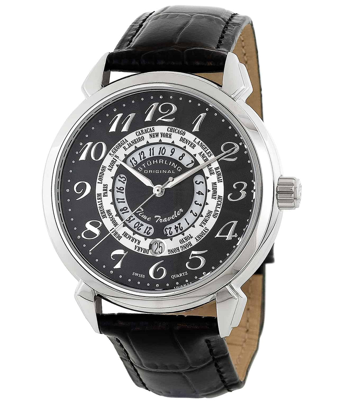 Stührling Time Traveler 118A 44mm Classic - Black Dial / Silver Case / Black
