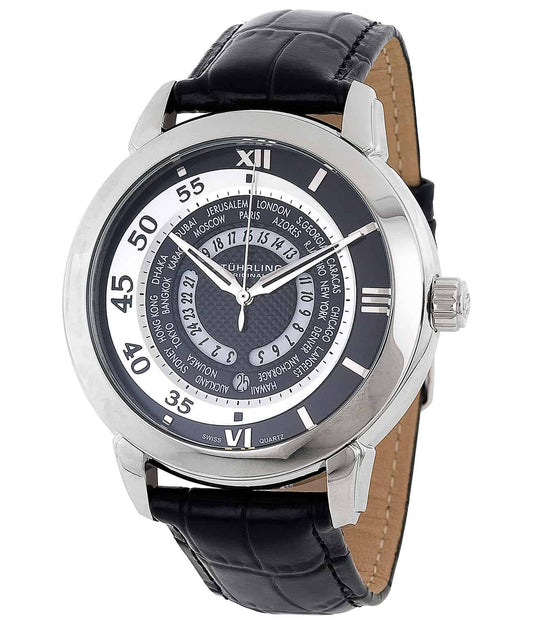 Stührling World Traveler 118B Quartz 46mm Classic - Black Dial / Silver Case / Black Leather Strap Tang Buckle