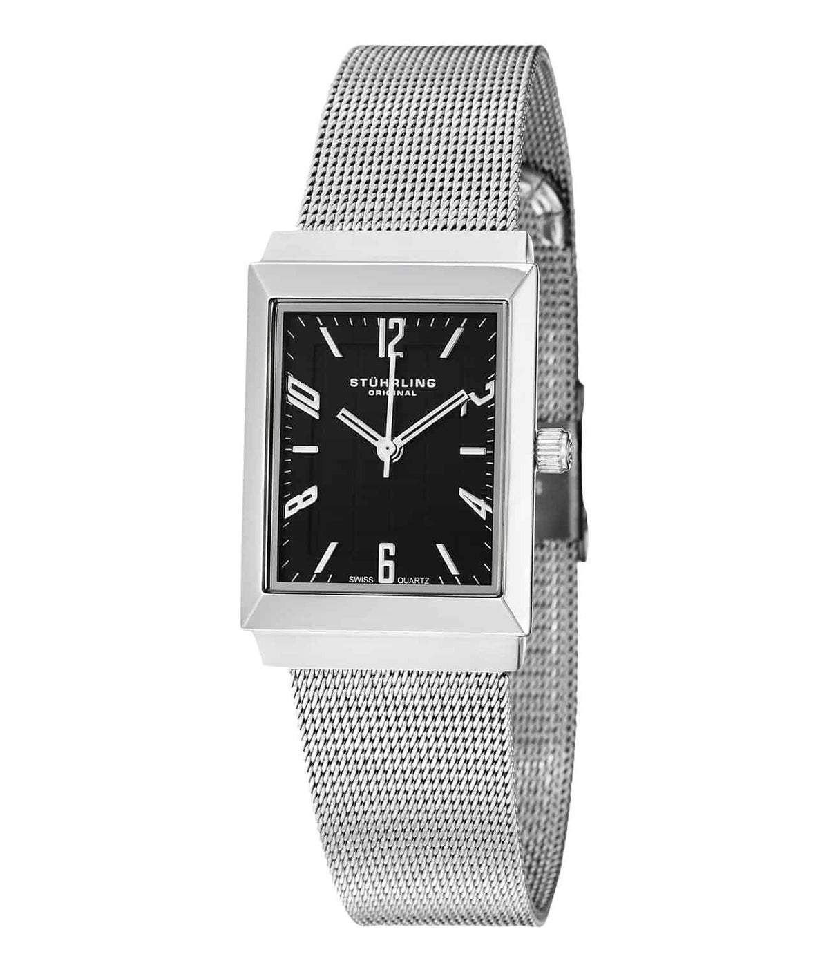 Stührling Lady Prospect 126L Quartz 23mm Classic - Black Dial / Silver Case / Silver Stainless Steel Bracelet Foldover Buckle