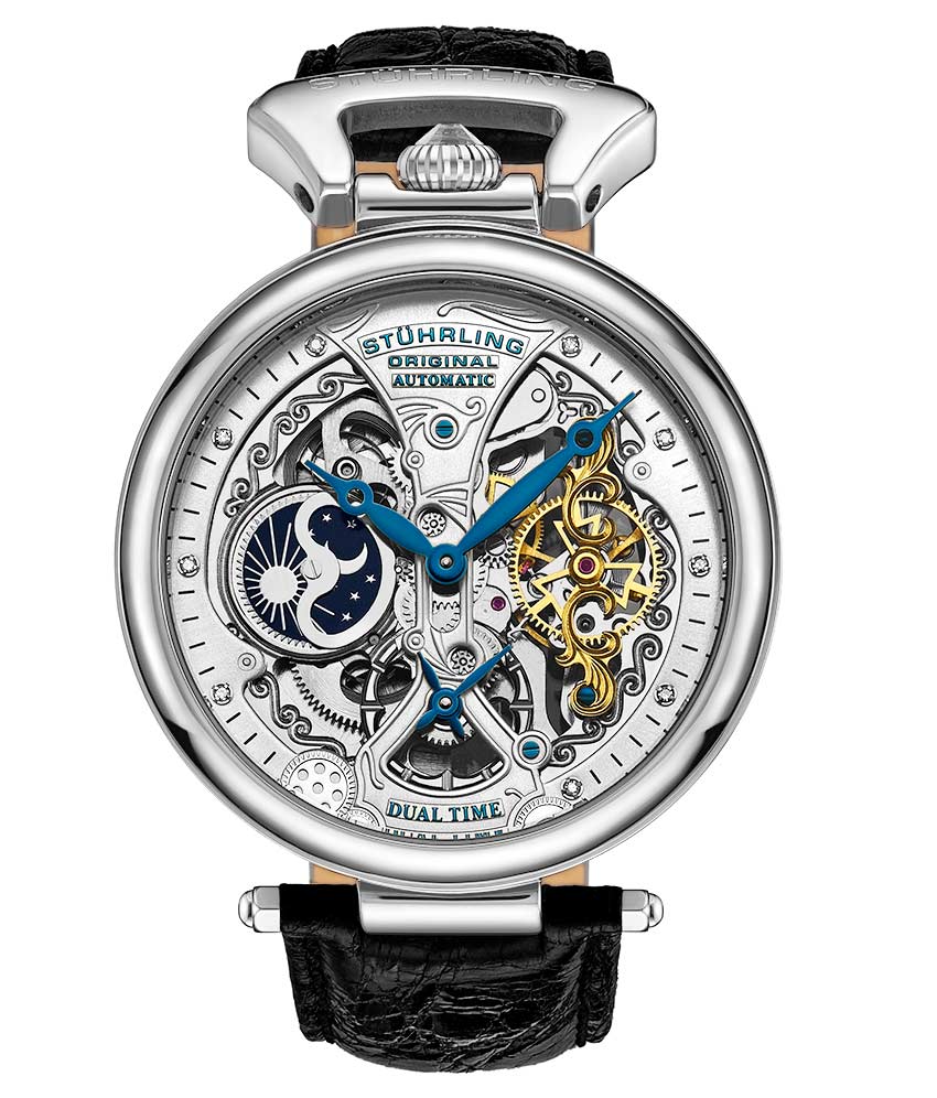 Stührling Emperor's Grand DT 127A2 Automatic 46mm Skeleton - Silver Dial / Silver Case / Black Crocodile Strap Tang Buckle