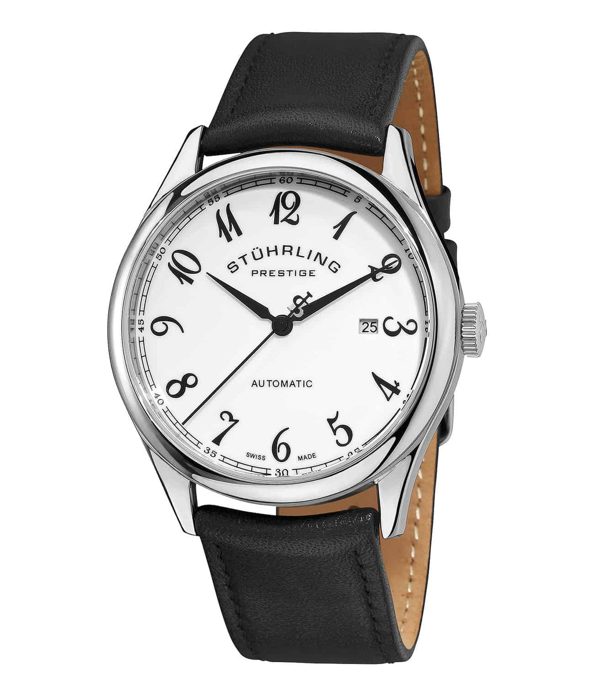 Stührling Swiss Cuvette 171B2 Automatic 42mm - White Dial / Silver Case / Black Leather Strap Tang Buckle