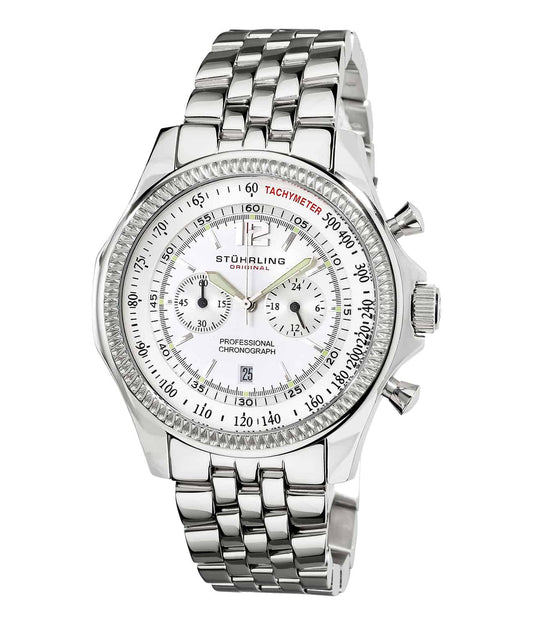 Stührling Targa 24 Pro 176B2 Quartz 48mm Chronograph - Silver Dial / Silver Case / Silver Stainless Steel Bracelet Deployant Buckle