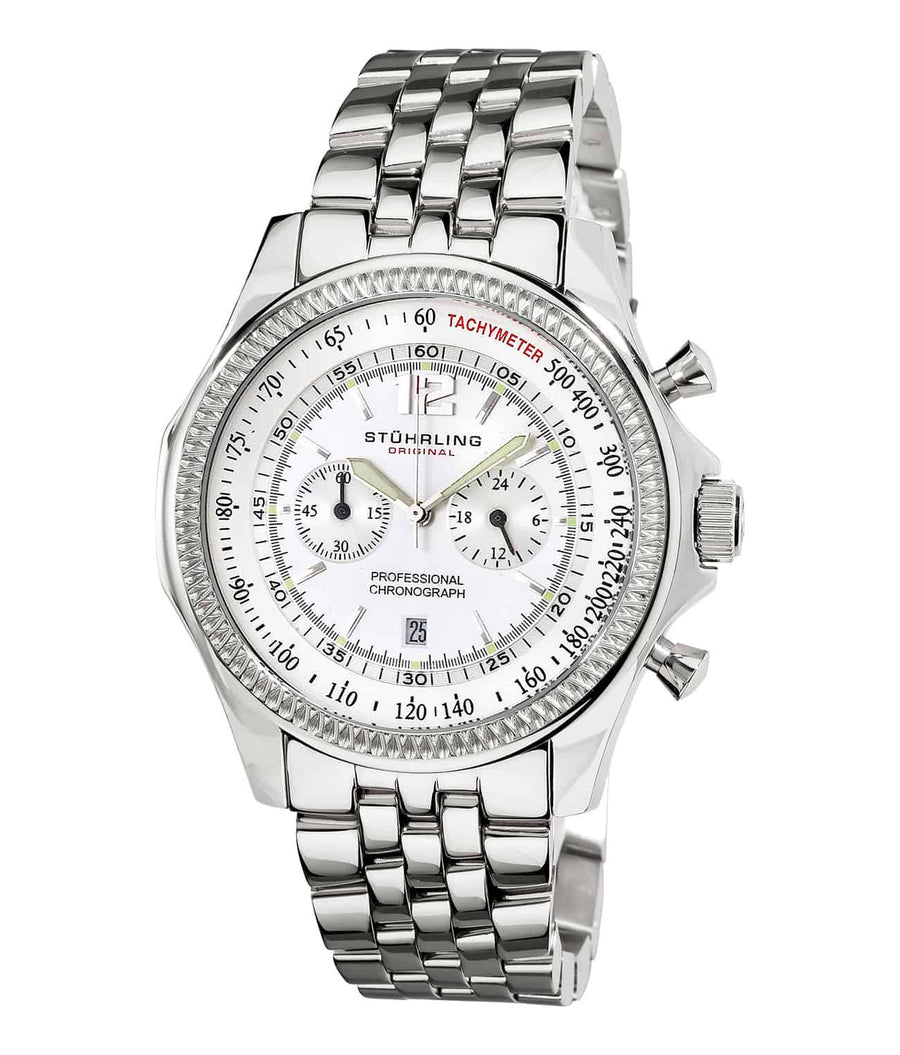 Stührling Targa 24 Pro 176B2 Quartz 48mm Chronograph - Silver Dial / Silver Case / Silver Stainless Steel Bracelet Deployant Buckle