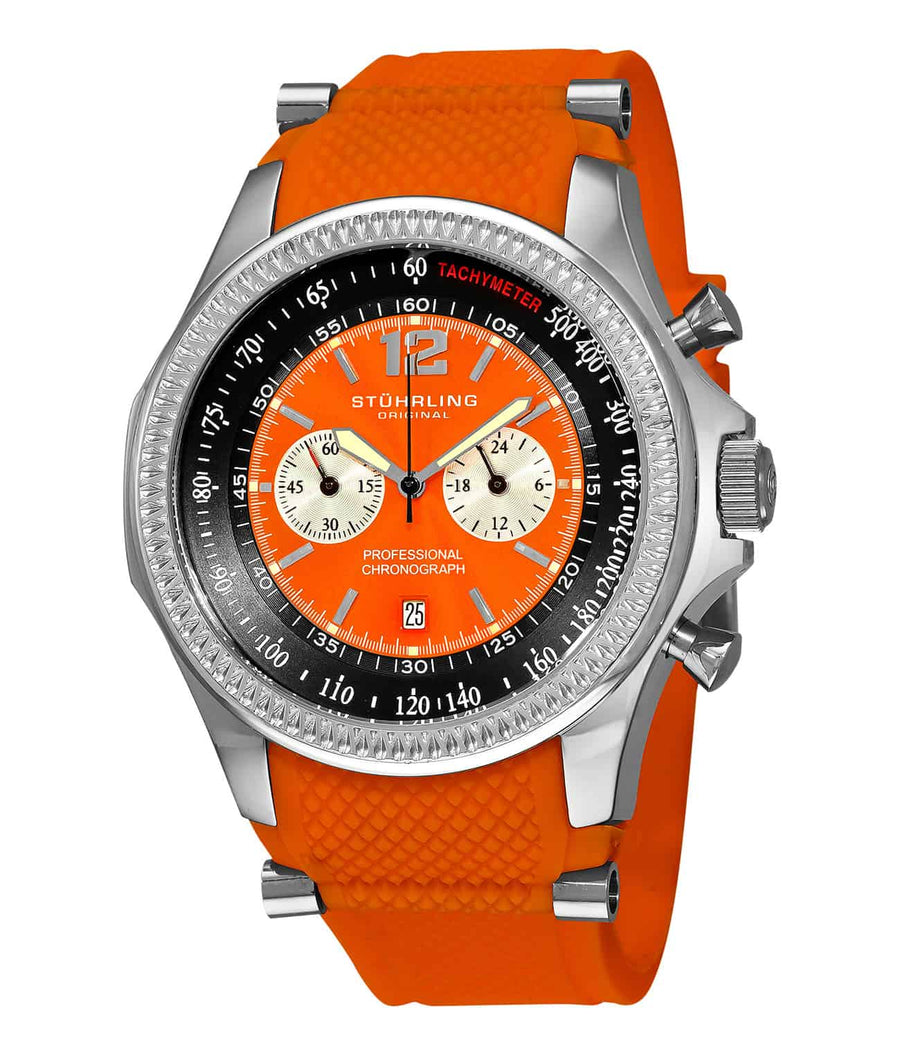 Stührling Targa Sport 176B3 Quartz 49mm Chronograph - Orange Dial / Silver Case / Orange Silicone Strap Tang Buckle