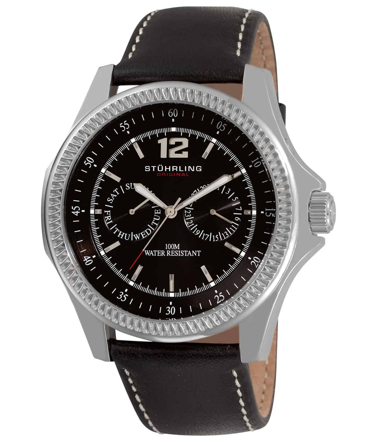 Stührling Targa Classic 176C 51mm Chronograph - Black Dial / Silver Case / Black Leather Strap Tang Buckle