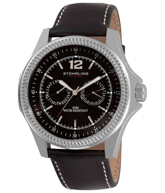Stührling Targa Classic 176C 51mm Chronograph - Black Dial / Silver Case / Black Leather Strap Tang Buckle