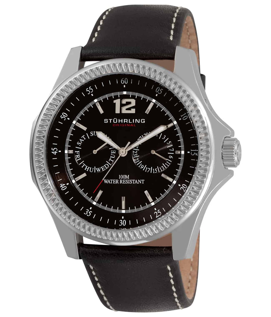 Stührling Targa Classic 176C 51mm Chronograph - Black Dial / Silver Case / Black Leather Strap Tang Buckle