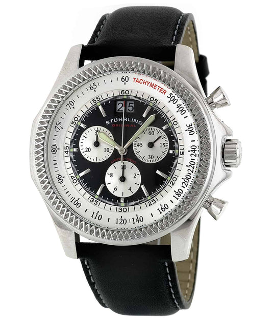 Stührling Targa 176L Quartz 46mm Chronograph - Silver Dial / Silver Case / Black Leather Strap Tang Buckle