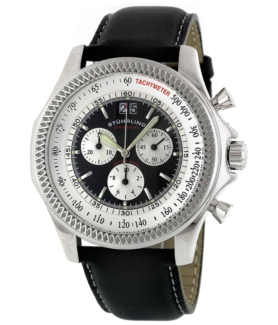 Stührling Targa 176L Quartz 46mm Chronograph - Silver Dial / Silver Case / Black Leather Strap Tang Buckle