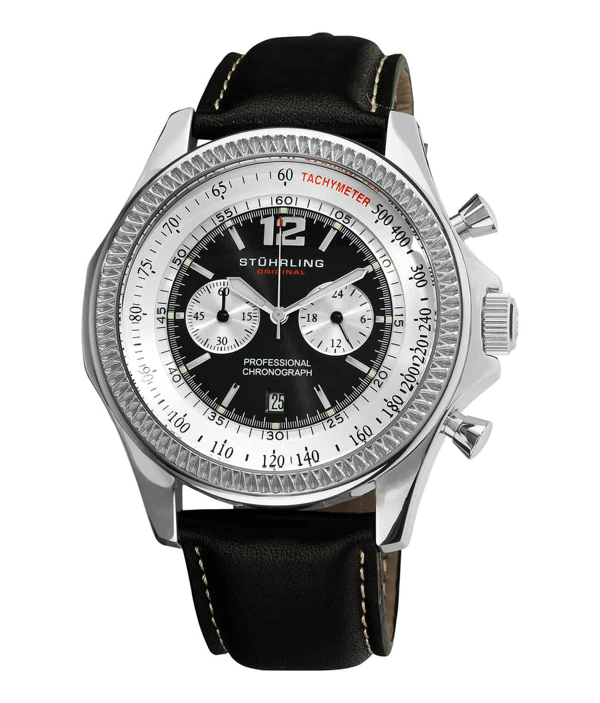 Stührling Targa 24 176L2 Quartz 49mm Chronograph - Black Dial / Silver Case / Black Leather Strap Tang Buckle
